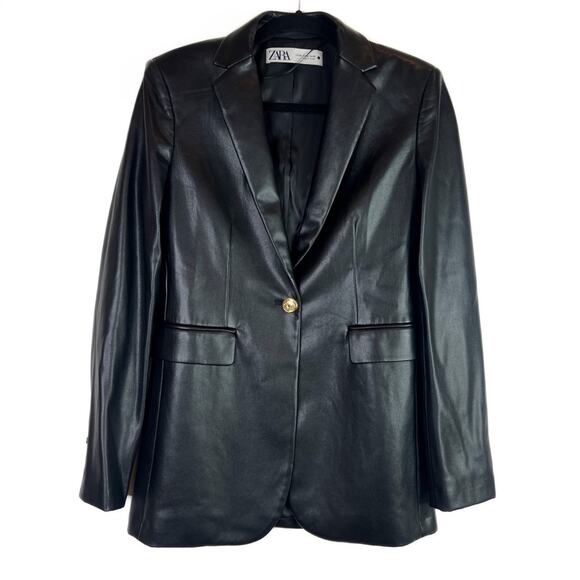 Zara Black Faux Leather Blazer With Gold Buttons. Blogger Fave. Like New. - Picture 5 of 16